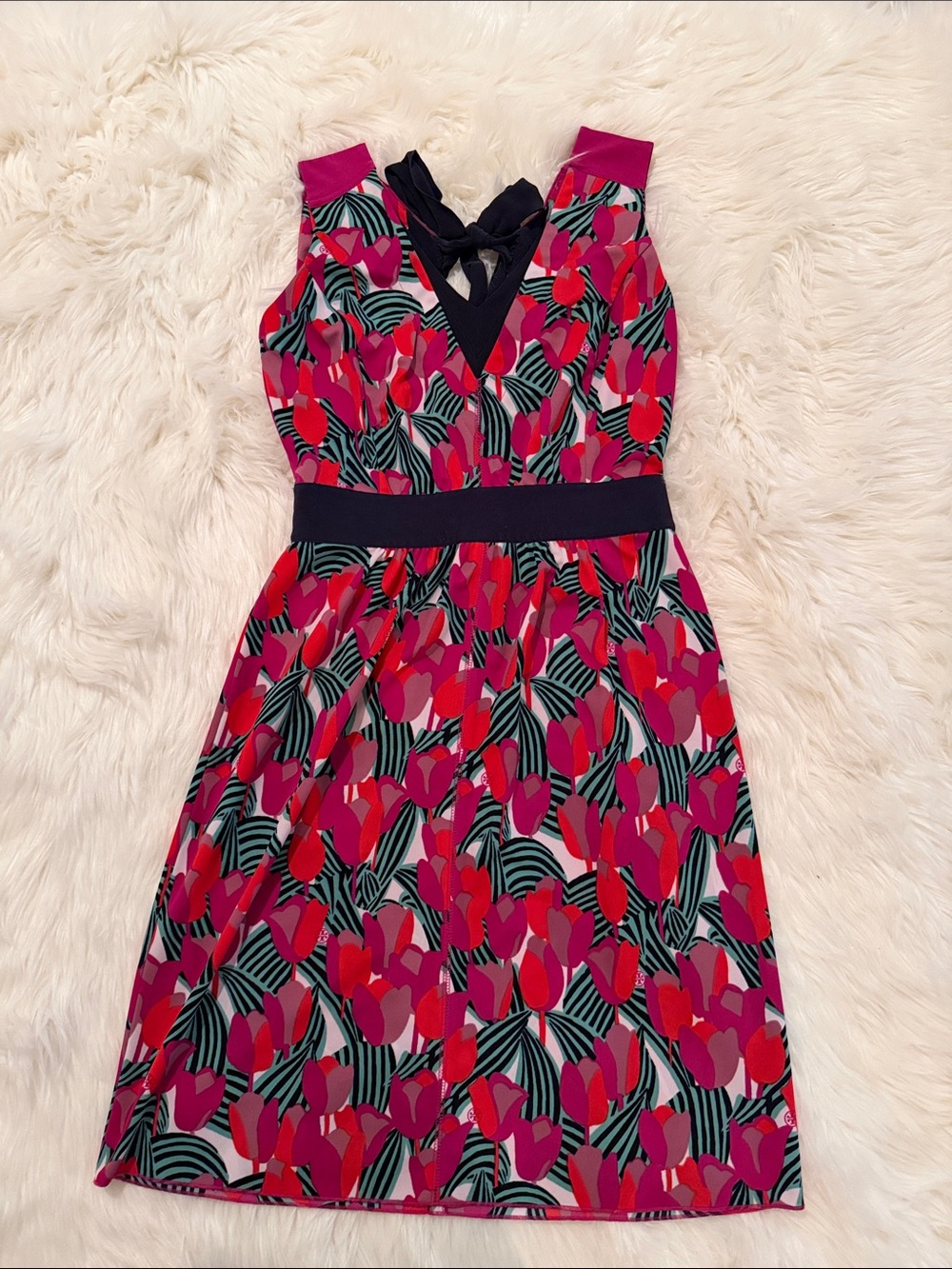 Tory Burch One-Shoulder Floral Print Dress in Pink & Red with Navy Trim